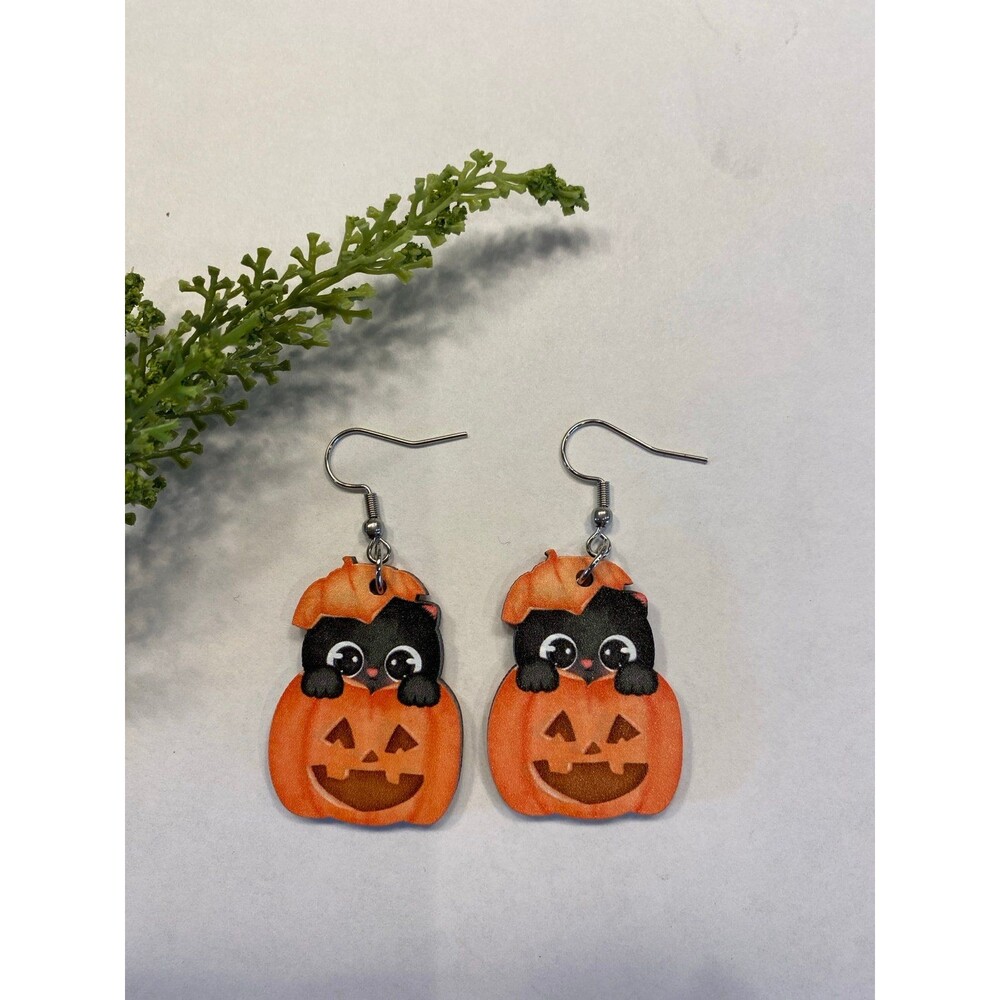 Halloween Earrings Pumpkins Black Cat Dangle Trick or Treat Witch Scary Bats - Picture 2 of 4